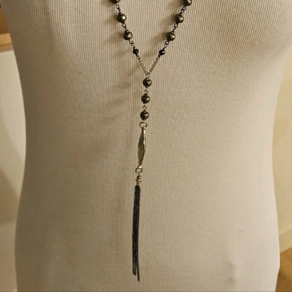 Vintage Gold Tone Smoky Grey Stone  Long Tassel Adjustable Length Necklace 24"